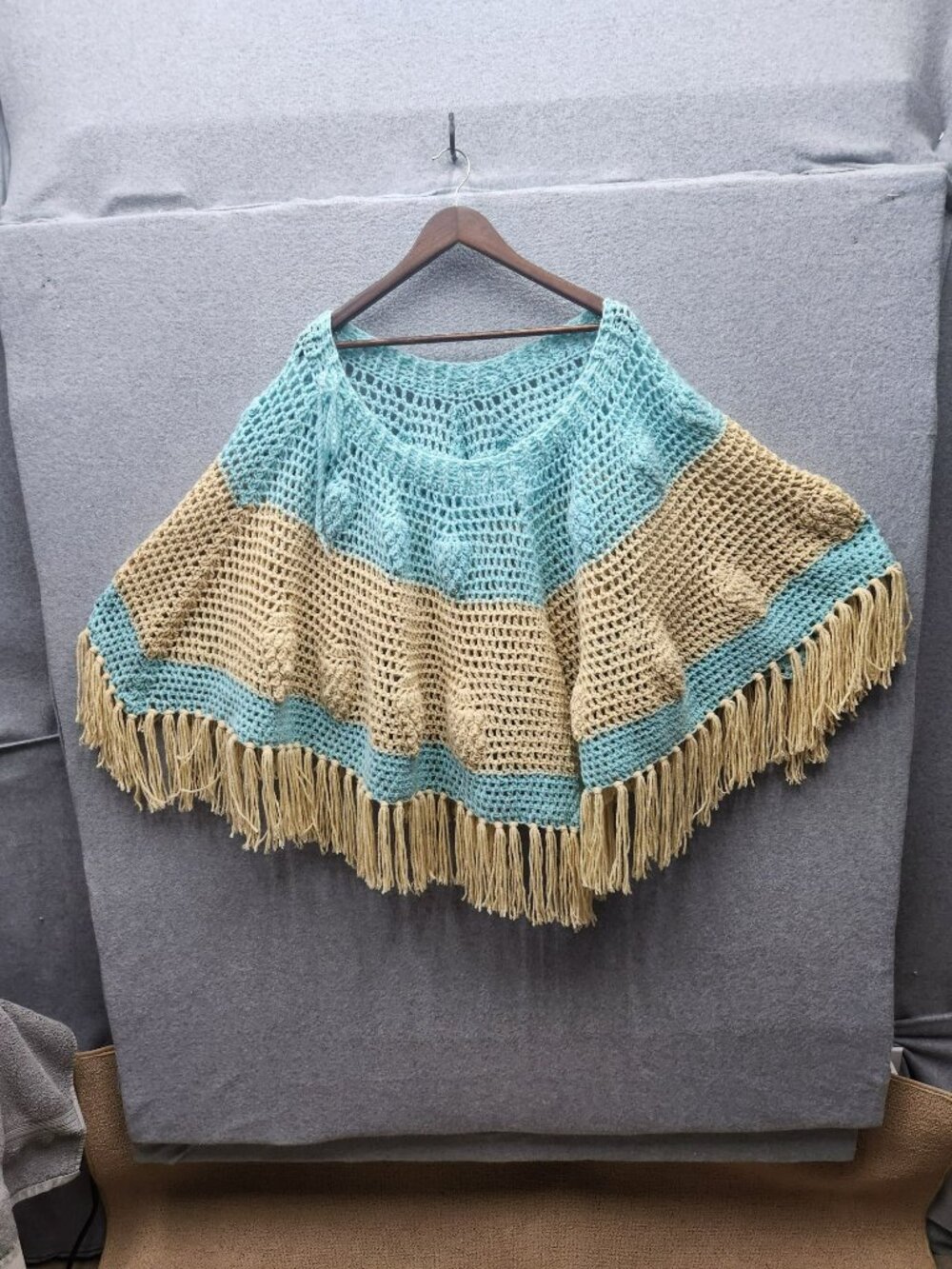 Handmade Crochet Fringe Poncho With Blue & Tan Stripes‎ Lightweight & Breathable